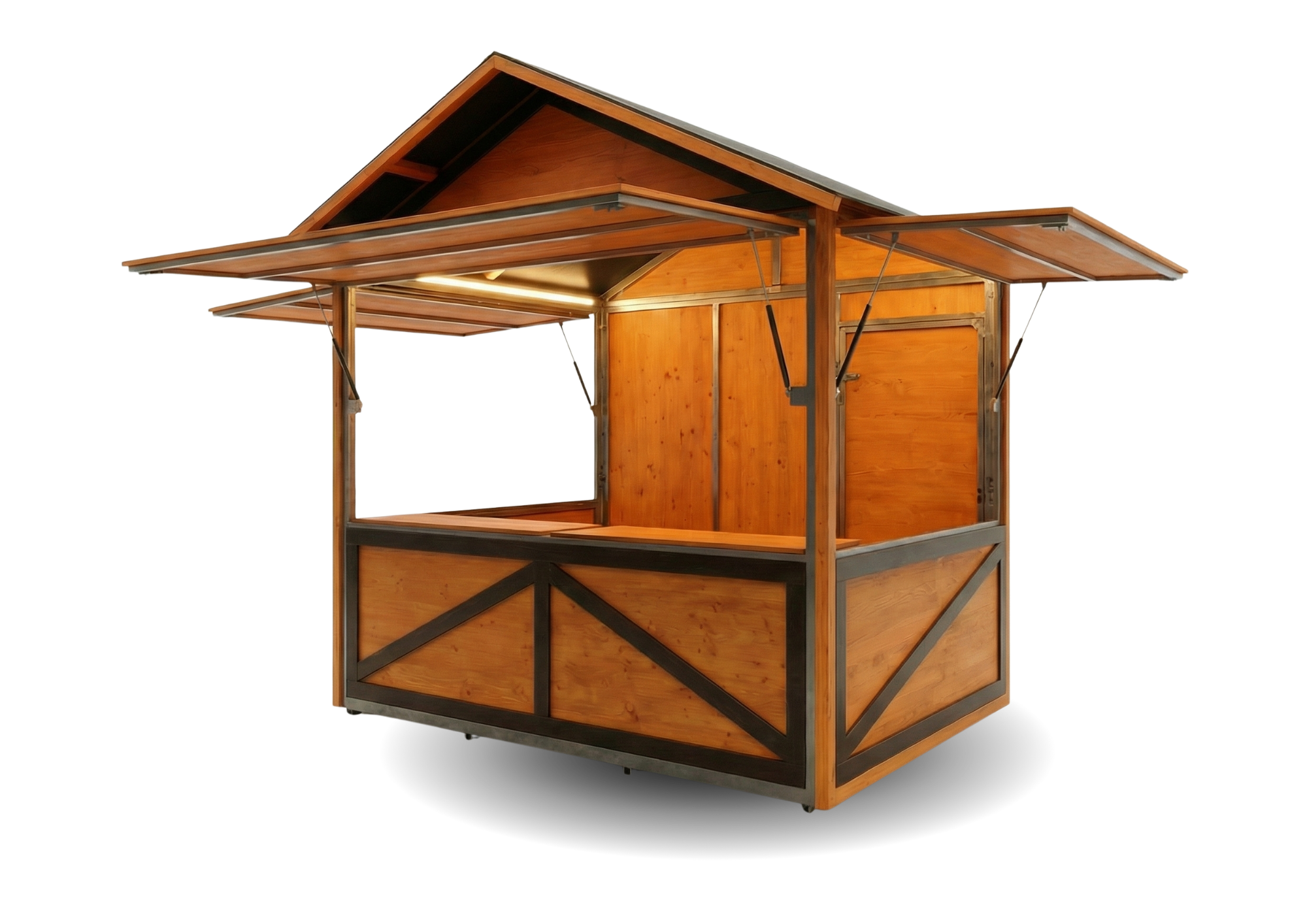 Caseta Rioja de Pliégalo — vista frontal con mostradores abiertos