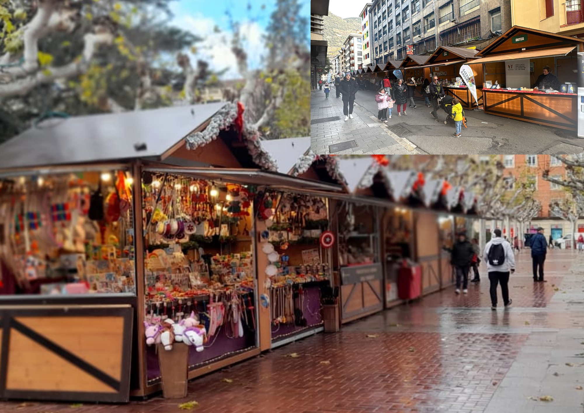 Mercado navideño con casetas de madera iluminadas