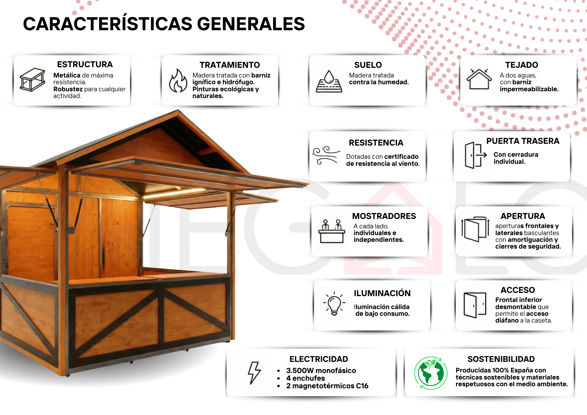 Infografía con todas las características técnicas de la Caseta Rioja de Pliégalo