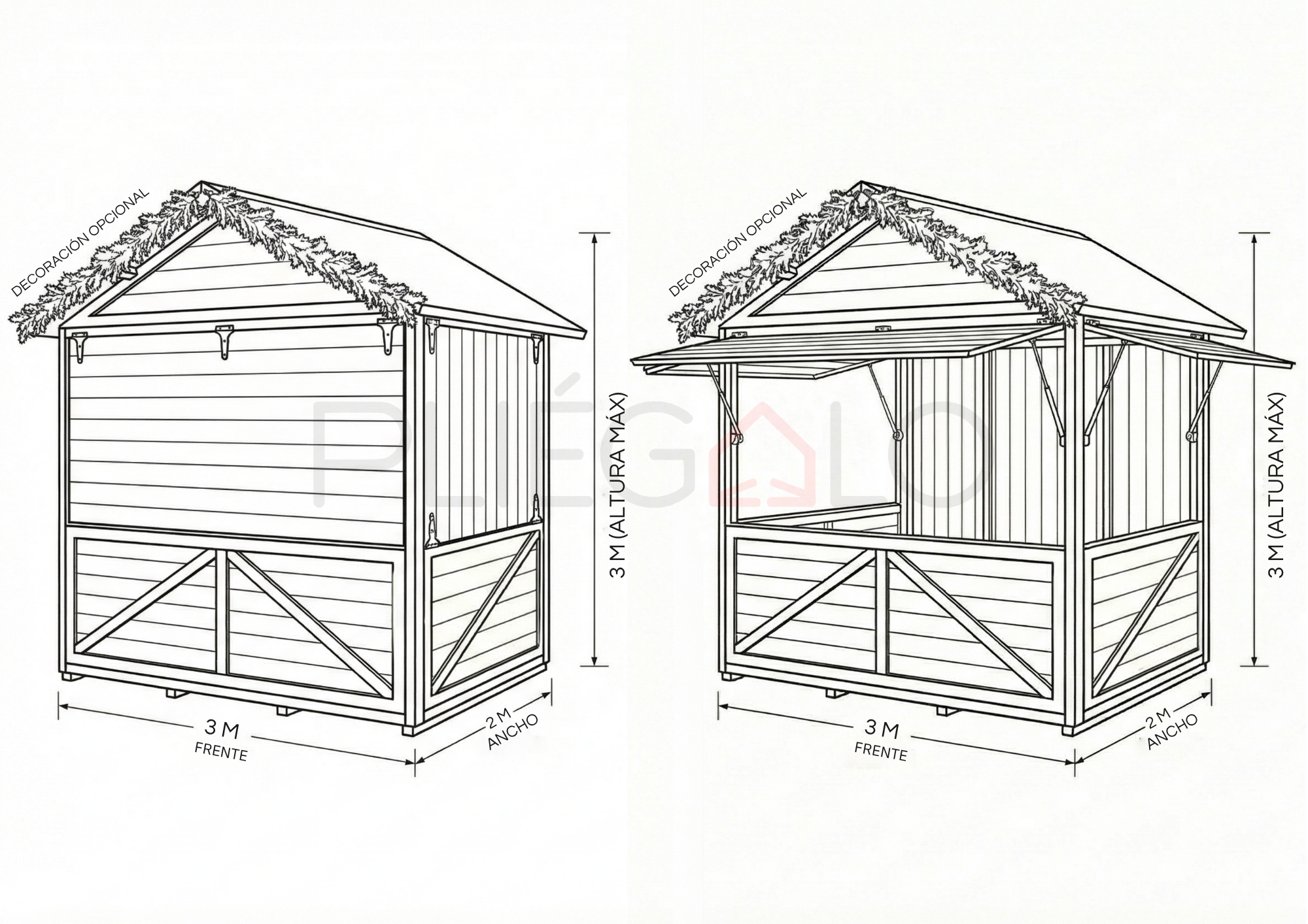 Plano de la Caseta Rioja: 3m frente, 2m ancho, 3m altura máxima