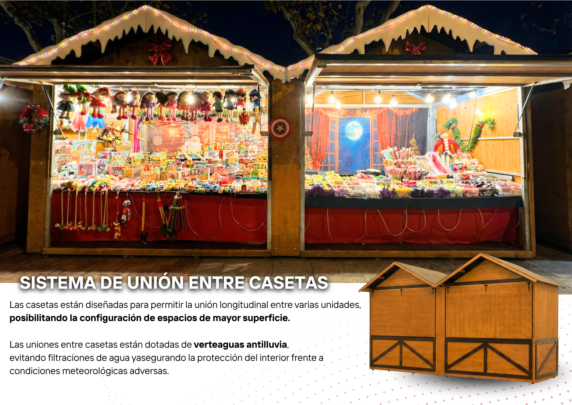 Sistema de unión entre casetas de madera Pliégalo con verteaguas antilluvia